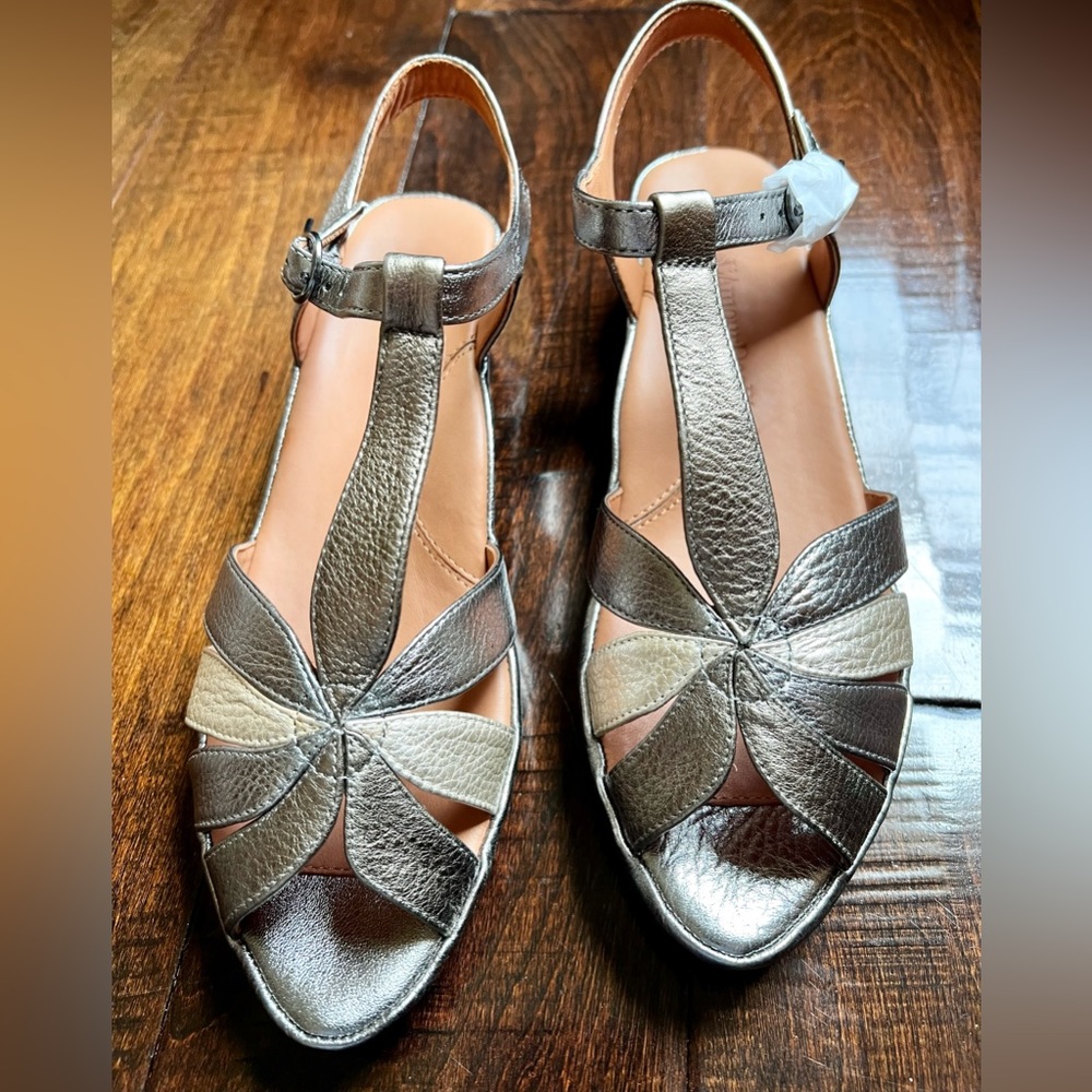 Metallic-Multi Silver/Golden Leather Wedge 1940’s Style Sandals. L’AmourDesPieds